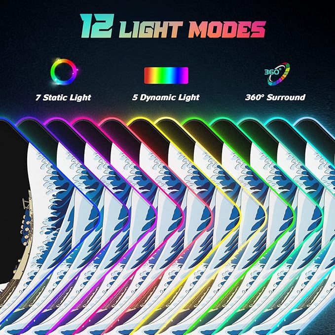 ITNRSIIET RGB Gaming Mouse Pad Full Desk XL Extended Large Gaming Mousepad 12 Lighting Modes 30% Thicker Big LED Desk Mat for Gamers 32 x 12 inches Japanese Waves