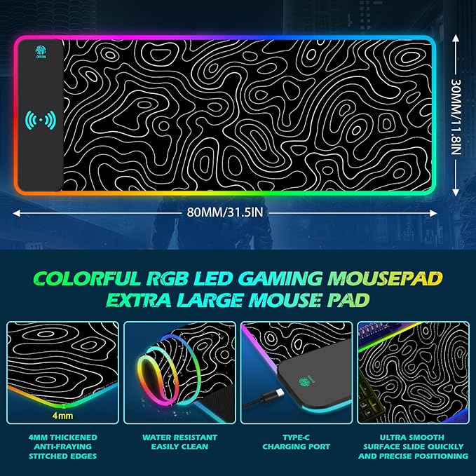 ToLuLu RGB Wireless Charging Gaming Mouse Pad 7.5/10/15W 10 Light Modes LED Mouse Pad Computer Keyboard Mat Mousepad 800x300x4MM Extended Large Desk Pad for Gamer Black and White Abstract Lines