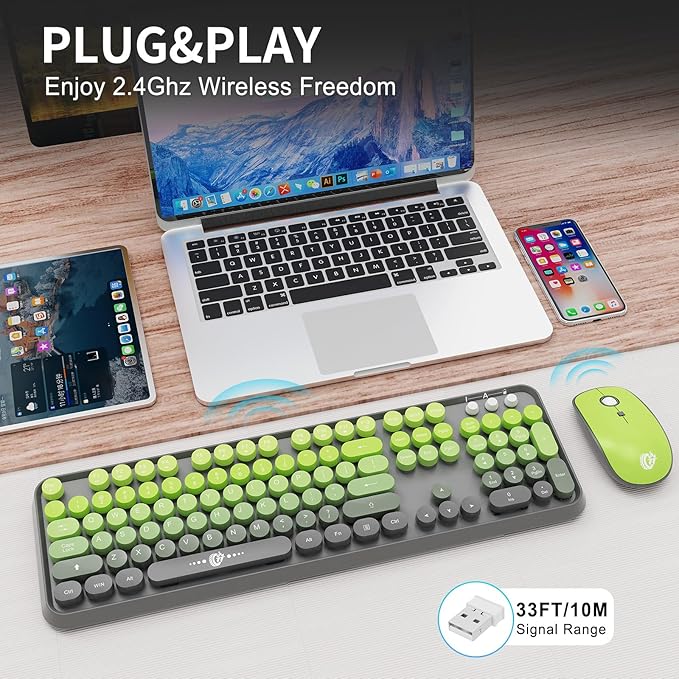 FOPETT Wireless Keyboard and Mouse Combo 104 Keys Full-Sized 2.4 GHz Round Keycap Colorful Keyboards USB Receiver Plug and Play for Windows Mac PC Laptop Desktop (GradientMatchaGreen)