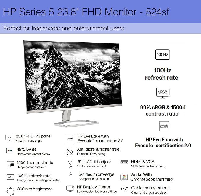 HP Series 5 524SF 23.8 Full HD (1920×1080) Monitor | IPS Display 100Hz Refresh Rate Slim Bezel Eye Comfort Technology &amp HDMI Connectivity Replaces M24F (94C17AA#ABA) + Keyboard/Mouse + More