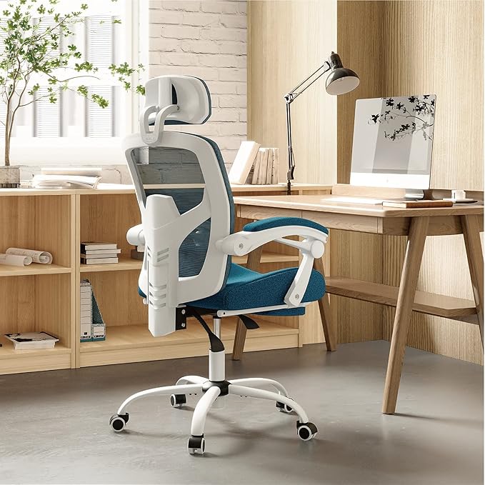 Ergonomic Desk Chair High Back Office Chair with Wheels and Arms Computer Chair with Footrest Swivel Reclining Gaming Chair with Headrest Comfy Armrest for Home Office Work Study Blue