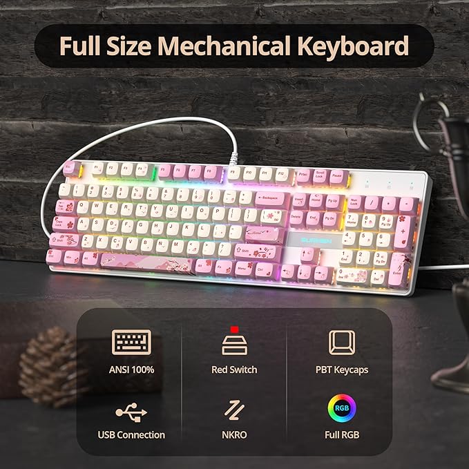 Wired Full Size Pink Mechanical Keyboard 104 Keys Creamy Keyboard with Number Pad RGB Gaming Keyboard Linear Red Switch NKRO Mechanical Keyboard Full Size for Windows Laptop PC Gamer
