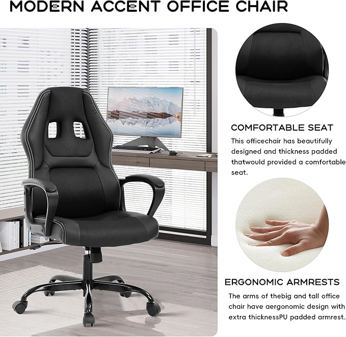 MKDLUFEI Video Game ChairErgonomic Office Chair Desk Chair and Lumbar Support PU Leather Recliner with HeadrestHeight Adjustable Computer Chair for Adults (Black)
