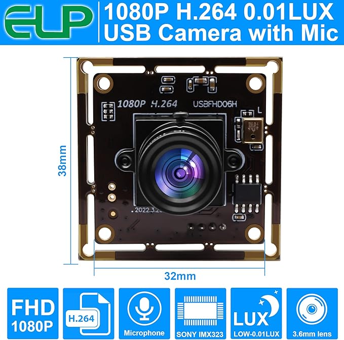 Sony IMX323 Mini USB Camera Module HD 1080P Low Light Webcam with Microphone 3.6mm Lens H.264 UVC USB2.0 for Laptop 3.3ft/1M Cable