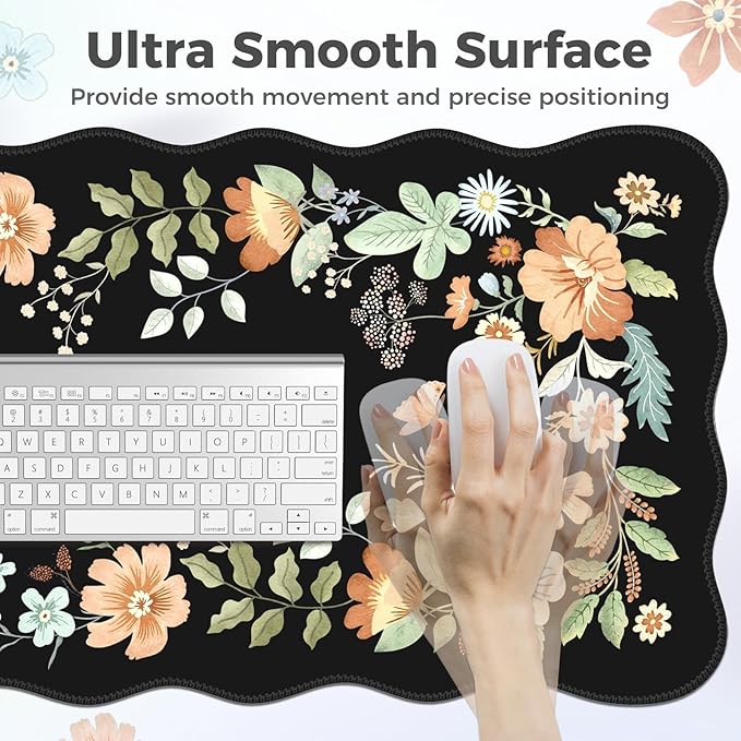 Scalloped Desk Cover Mat Aesthetic Mousepad with Wrist Rest Memory Foam Wrist Support for Keyboard Ultra Smooth Mouse Pad for Office Desk Decor School Supplies (Black)