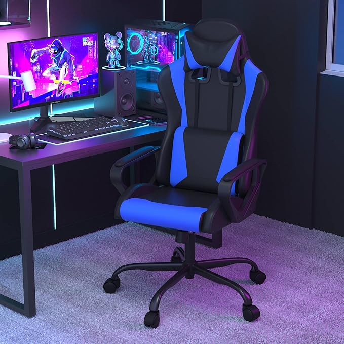 Gaming ChairSwivel Rolling Gaming Chair for AdultsErgonomic PC Gaming Chair BlueHeight Adjustable Computer ChairPU Leather Computer Chair with Headrest and Lumbar Support