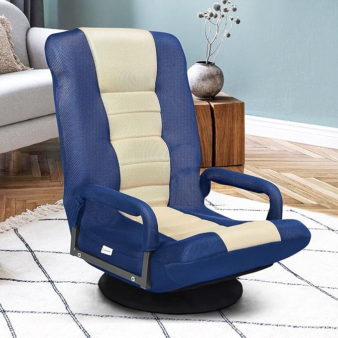 ERGOMASTER 360 Degree Swivel Video Gaming Floor Chair w/Armrests Adjustable 6-Position Folding Floor Chair Padded Backrest for Game Reading (Blue/Beige)