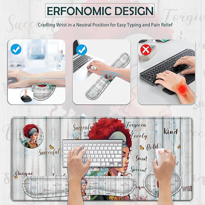 JVGFYNKL Large Gaming Mouse Pad Set Ergonomic Memory Foam Keyboard Wrist Rest Support + Mouse Wrist Rest + Extended Desk Mat with Non-Slip Rubber Base Cartoon African Girl Pattern Desk Pad