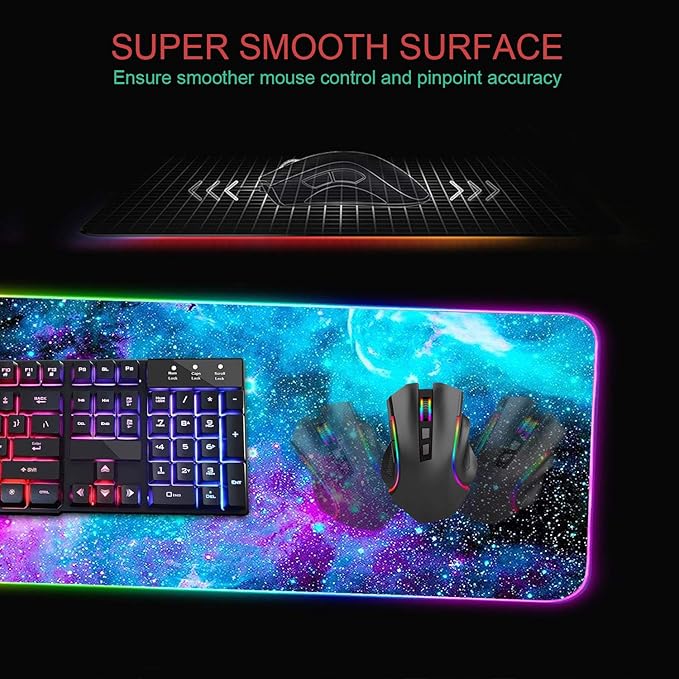 RGB Gaming Mouse Pad with Coffee Coaster XXL Large Glowing LED Mousepad Anti-Slip Rubber Base Computer Keyboard Desk Mouse Mat 31.5 X 11.8 Inch - Blue Galaxy Nebula Universe Space