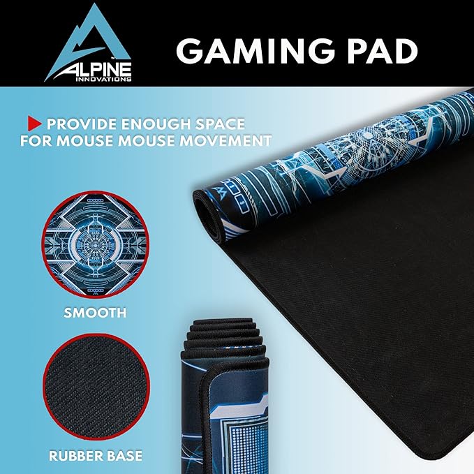 Alpine Innovations Surface Mat with Stitched Edges | Giant Mouse Pad 16” x 33” | Durable Non-Slip Rubber Base | Computer Keyboard Pad for Desktops | HUD