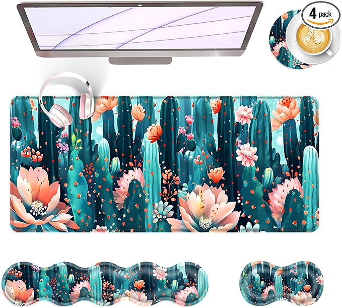 Large Keyboard Mouse Pad Set Extended Mouse Pad+Keyboard Wrist Rest Support Memory Foam Ergonomic Easy Typing 4Pcs (31.5×11.8 in) Desk Pad Set for Office HomeCute Cactus Blooming Flowers