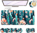 Large Keyboard Mouse Pad Set Extended Mouse Pad+Keyboard Wrist Rest Support Memory Foam Ergonomic Easy Typing 4Pcs (31.5×11.8 in) Desk Pad Set for Office HomeCute Cactus Blooming Flowers