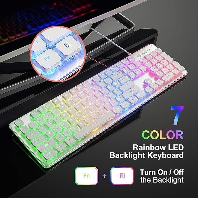 LANGTU Membrane Gaming Keyboard Rainbow LED Backlit Quiet Keyboard for Office USB Wired All-Metal Panel 25 Keys Anti-ghosting Computer Keyboard 104 Keys - L1 White/Silver