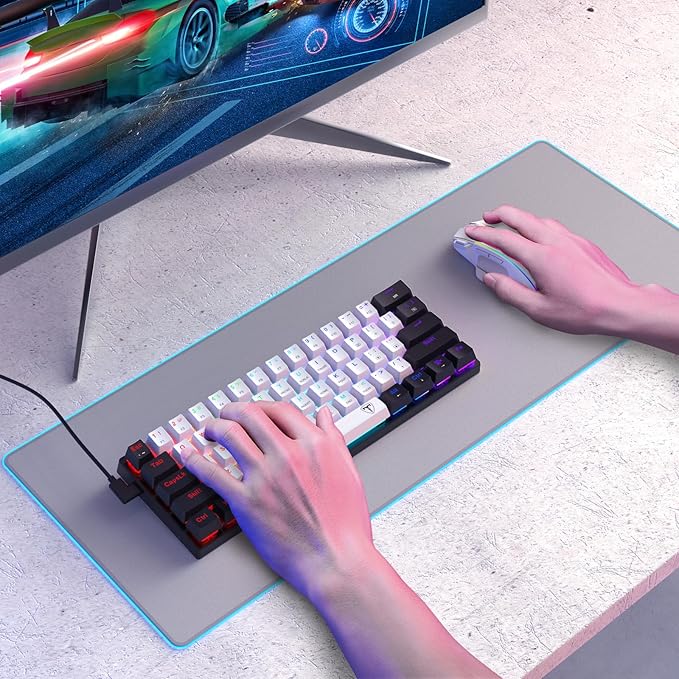 Portable 60% Mechanical Gaming KeyboardWired ErgonomicKeyboard with Red Switches18 LED Backlit Keyboard61 Keys Ultra-Compact Mini OfficeKeyboard for PC/Mac/XboxEasy to Carry On Trip-Black/White