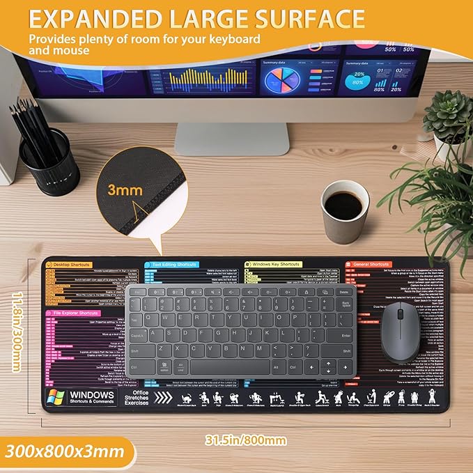 Windows Keyboard Shortcuts Mouse Pad Large Mousepad for PC Windows System Extended Gaming Pad for Mouse and Keyboard High Definition Printing StitchingWashable Anti Slip