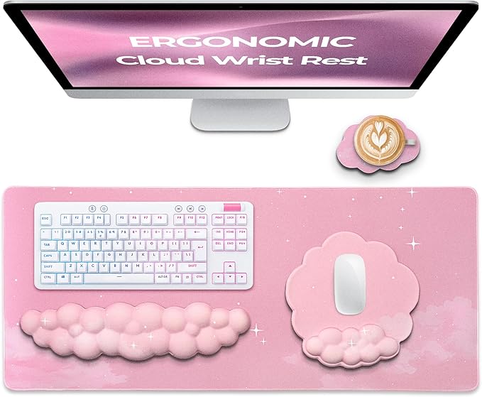 Premium Quality Cloud Wrist Rest Keyboard &amp Mouse Pad Set – Ergonomic Memory Foam Desk Accessories with Wrist Support for Office &amp Gaming – Pink