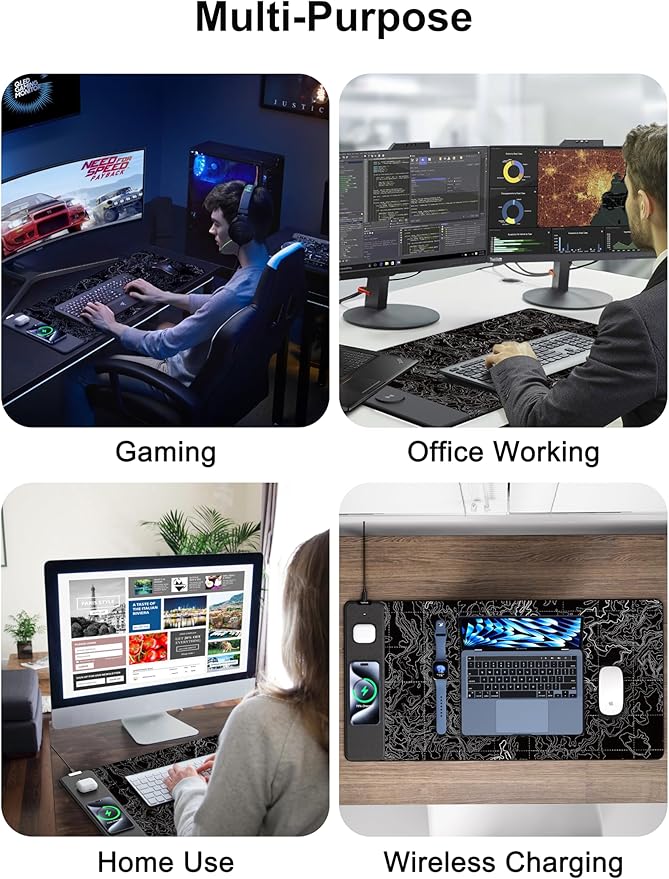TopMade Mouse Pad with 15W Fast Wireless Charging 31.5x15.75 XXL Large Gaming Waterproof Desk Pad with Ultra-Smooth Surface Non-Slip Base Computer Desk Mat Black Topographic Map #3