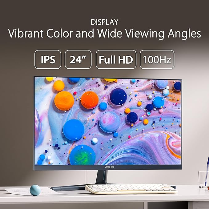ASUS 24” 1080P Eye Care Monitor (VU249CFE-B) - Full HD IPS 100Hz Adaptive-Sync USB-C Ambient Light Sensor Height Adjustable Cable Clip EyeCare+ Technology 3 Year Warranty Quiet Blue Color