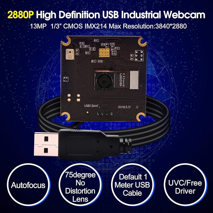 13mp USB Camera Module with Microphone Autofocus Audio Video Webcam Board for Computer Mini UVC USB2.0 PC Camera Industrial Embedded USB with Camera IMX214 Lightburn Camera for Laptop Jetson Nano