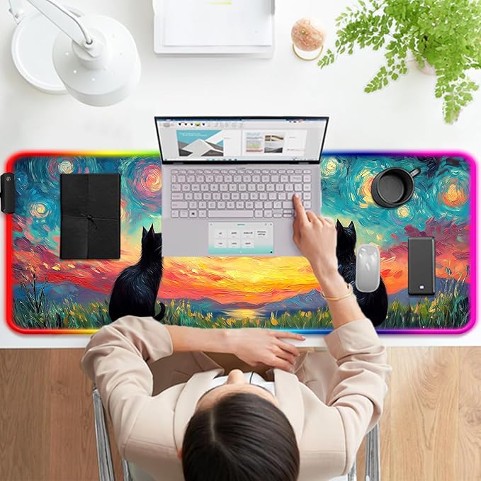 RGB Cute Black Cat Fantasy Starry Night Gaming Desk Mat Computer Keyboard Large Extended Long Animal LED Mouse Pad for Office and Home XL (W03)