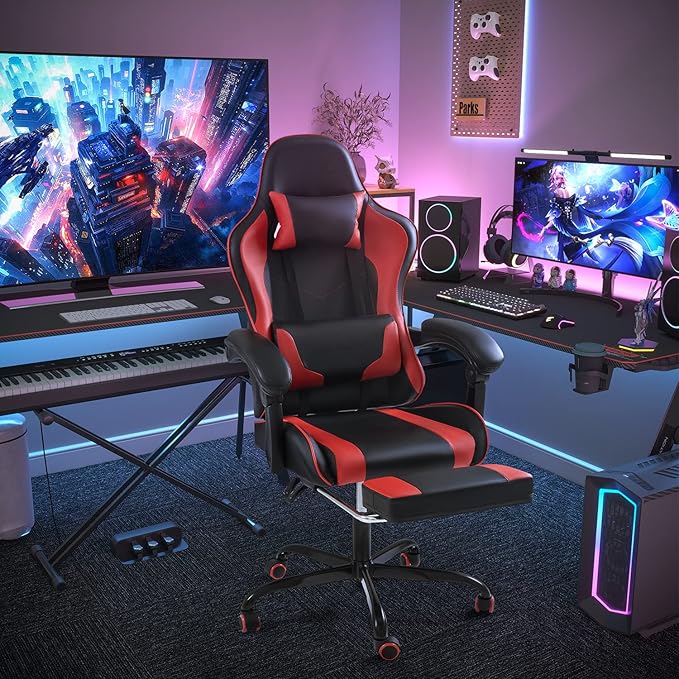 Shahoo Gaming Chair Video Gaming Chair with Footrest and Lumbar Support Ergonomic Computer Chairs with 360° Swivel and Height Adjustable Spin Chair with Headrest for Home Office Study Room (Red)