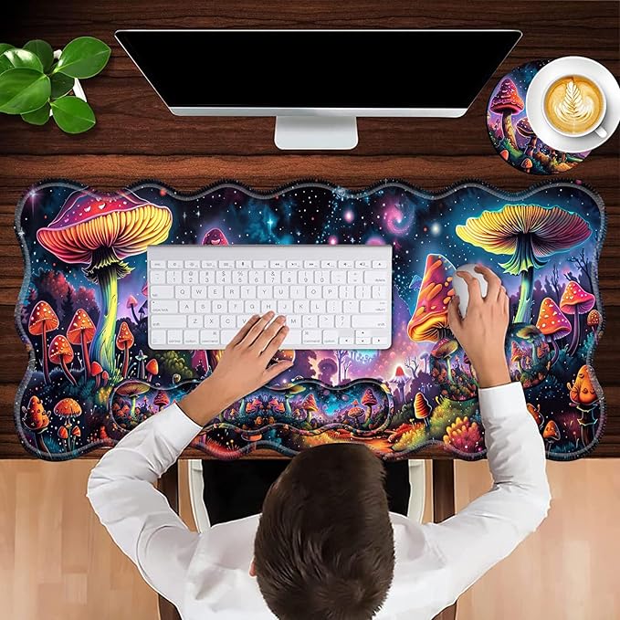 XXL Gaming Mouse Pad Set 31.5x11.8 Large Desk Mat with Keyboard Wrist Rest and Mouse Wrist Cushion Ergonomic Office Mouse Pad for Home &amp Work Non-Slip Extended Desk Pad Beautiful Mushrooms