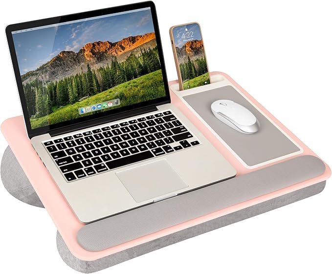 LAPGEAR Home Office Pro Lap Desk with Wrist Rest Mouse Pad and Phone Holder - Pink - Fits up to 15.6 Inch Laptops - Style No. 91604