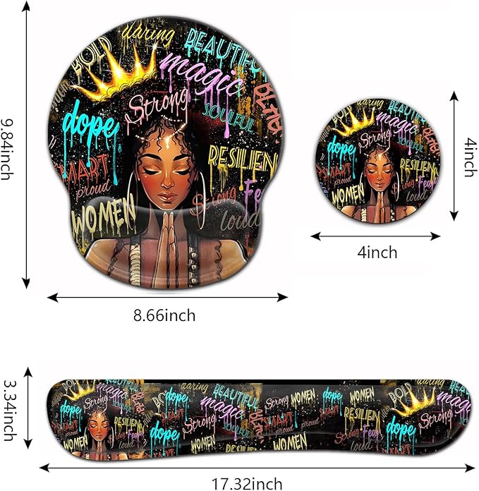Ergonomic Gaming Mouse Pad Wrist Support and Memory Foam Keyboard Wrist Rest with Anti-Slip Base for Home Office Computer Desk Pad Gel Black Mouse Pad African American Black Women Graffiti Girl