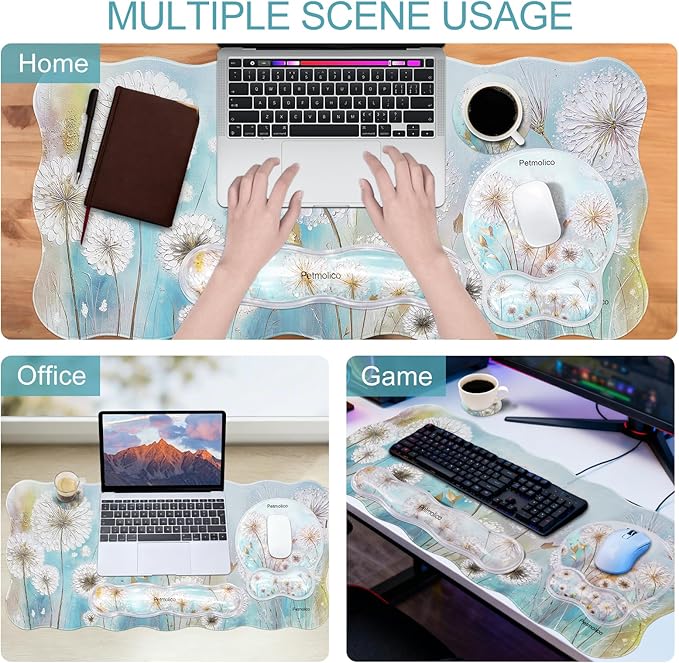 Petmolico Mouse Pad with Wrist Rest-Clear Gel Wrist Rest for Keyboard and MouseLarge Non-Slip Desk Mat and Heat-Resistant Cup CoastersErgonomic Design for Typing Pain（DandelionWhite）