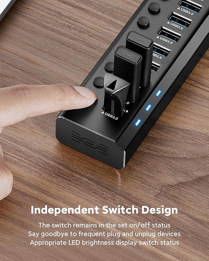 Powered USB Hub Rosonway Aluminum 10 Port USB 3.0 Data Hub with 36W (12V/3A) Power Adapter and Individual On/Off Switches USB Splitter(RSH-A10) (Pack of 2)