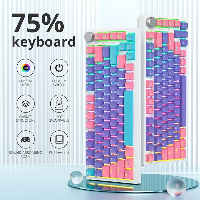 Guffercty kred 75% Gasket Mounted Gaming Keyboard Hot Swappable 82 Key RGB Backlit Wired TKL Mechanical Keyboard with Knob &amp Programmable Macros Custom Linear Switch for MAC Win (82 Purple)