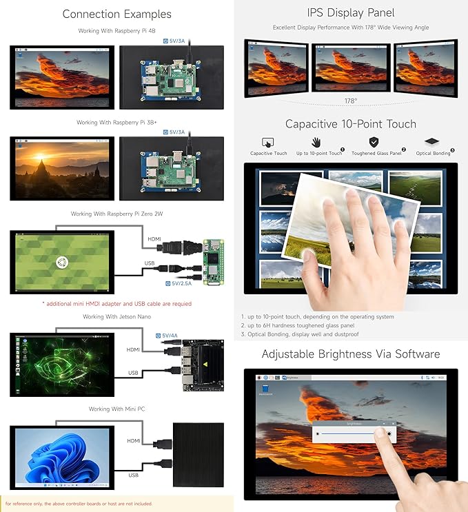 Waveshare 8inch Capacitive Touch LCD IPS Display Without Back Case 1280×800 Resolution HDMI Interface Compatible with Raspberry Pi 4B/3B+ etc. Support Jetson Nano/PC