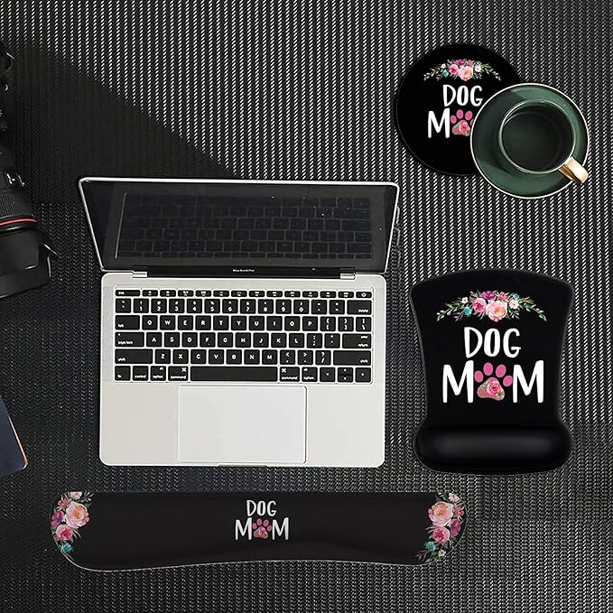 Ergonomic Mouse Pad Wrist Support Gel and Keyboard Wrist Rest Set Dog Mom Floral Design for Laptop Mac Gaming and Office Durable Comfortable and Pain Relief + Coaster