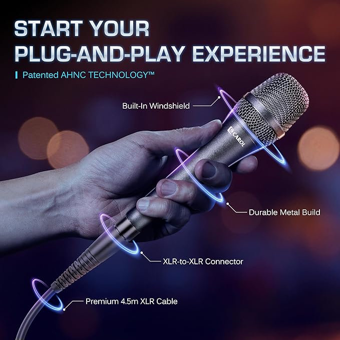 CAROL AC-910 XLR Wired Vocal Microphone – Dynamic Cardioid Mic with Dual-Engine AHNC Noise Cancelling Tech for Singing Karaoke Stage &amp Studio Includes Microphone Mic Clip &amp 14.8ft XLR Cabl