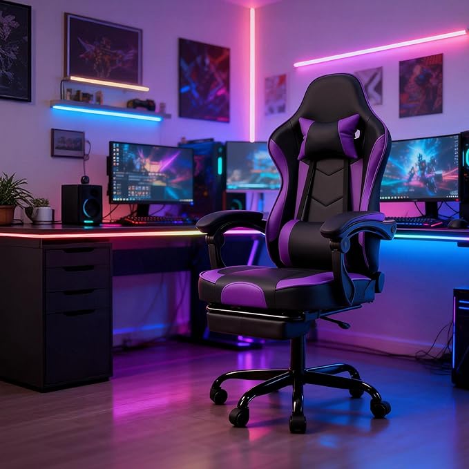 Cute Gaming Chair with Cat Paw Lumbar Cushion and Cat Ears Kawaii Pink Computer Chair with Footrest Ergonomic PC Video Anime Gaming Chairs Recliner for Kids Girls Teens (Purple+Black)