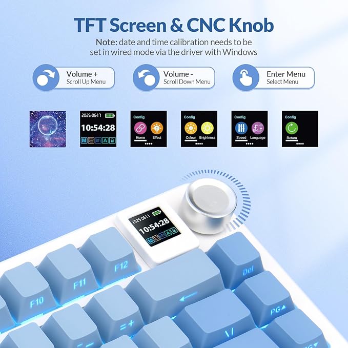 Rii RK805 Wireless Gasket Mechanical Keyboard with TFT Screen and Knob75% Creamy Gaming Keyboard with RGB BacklightTri-Mode BT/2.4G/USB-CHot Swappablefor Windows/Mac/Linux(Blue Gradient)