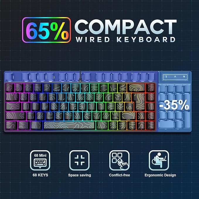 Snpurdiri 65% Wired Gaming Keyboard 68 Keys RGB Backlit Ultra-Compact Small Gaming Keyboard for PC/Mac Gamer Typist Travel Easy to Carry on Business Trip Black