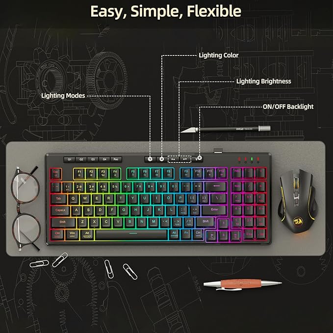 Redragon K517 Pro Wireless Gaming Keyboard RGB Backlit Tri-Mode BT/2.4GHz/USB-C Mechanical Feel 94 Keys Computer Keyboard with 4 Macro Keys Number Pad 4000mAh Battery for Win/MAC