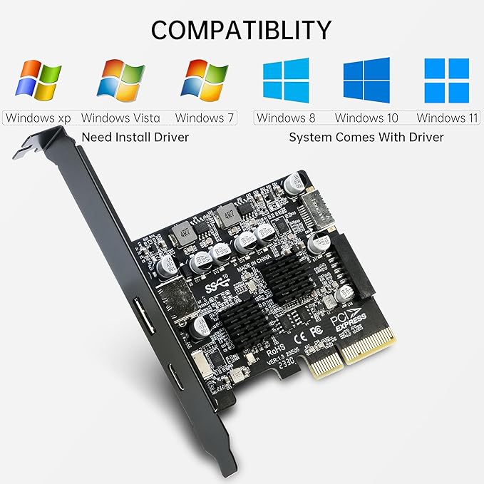 USB 3.1 PCIe Card RIITOP PCI-e 3.0 x4 to USB3.2 Gen2 Adapter (10Gbps) Expands to 20Pin + Type-E + 1x USB 3.0 + 1x USB C