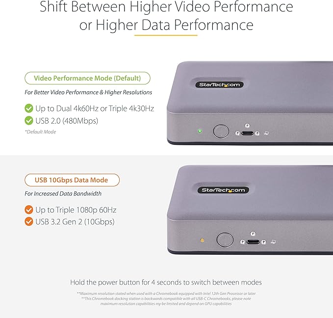 StarTech.com USB-C Docking Station Multi Monitor HDMI/DP/USB-C Video Output Triple Monitor 4K30/Dual 4K60 7-Port USB Hub 60W Power Delivery GbE 3.5mm Audio Works with Chromebook TAA