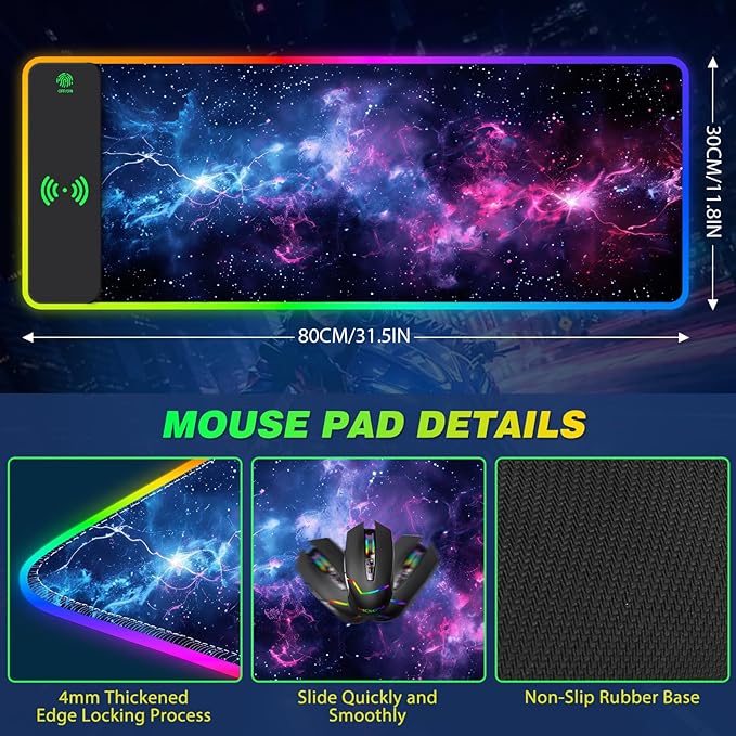 AIMSA RGB Gaming Mouse Pad with Wireless Charging Large Keyboard Mouse Pad with 14 LED Light Modes Non-Slip Rubber Base Waterproof Desk Pad for Home Office Decor Blue Purple Cosmic Nebula