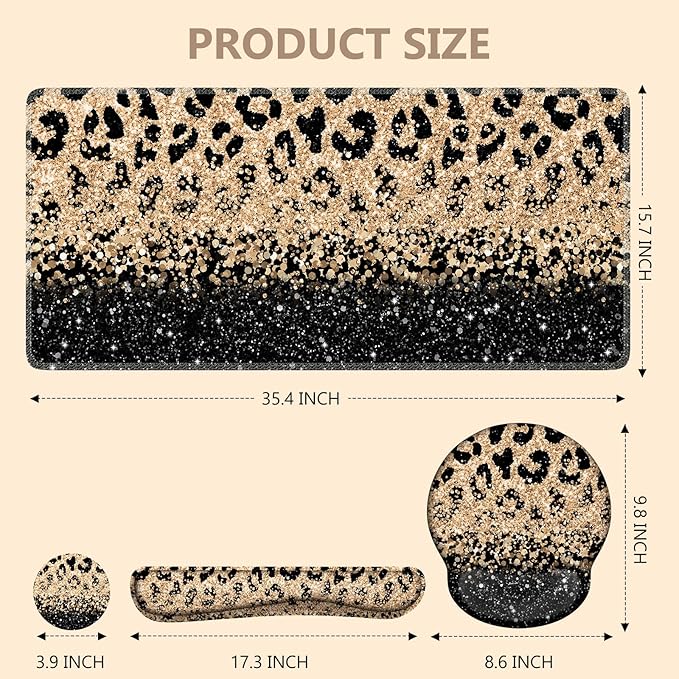 iLeadon Mouse Pad Set Desk Mat + Mouse Pad with Wrist Rest + Keyboard Wrist Rest + Coaster 4in1 Leopard Mouse and Keyboard Pad Set for Home Office Black Gold Leopard