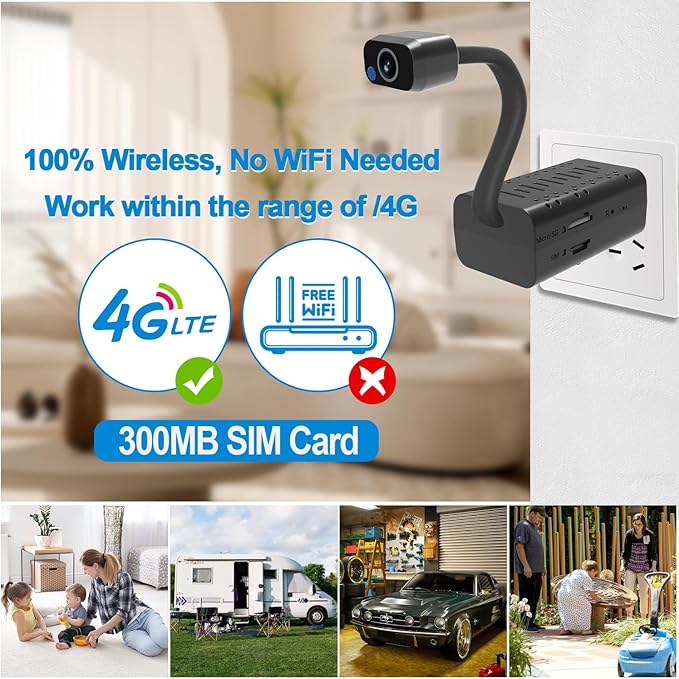 4G USB Wifi Camera with 300M SIM CardNo Wi-Fi NeededHD2K Smallest Wireless Wifi 4G USB CameraMotion Alert with App Live StreamingMotion DetectionNight VisionCloud Storage for iOS/Android APP
