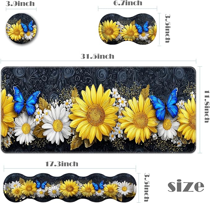 Ergonomic Keyboard Wrist Rest &amp Mouse Pad Wrist Rest SetXL Gaming Desk Mat 31.5x 11.8Non-Slip BaseMemory FoamEasy Typing Pain Relief for Office &amp HomeSunflower Daisy