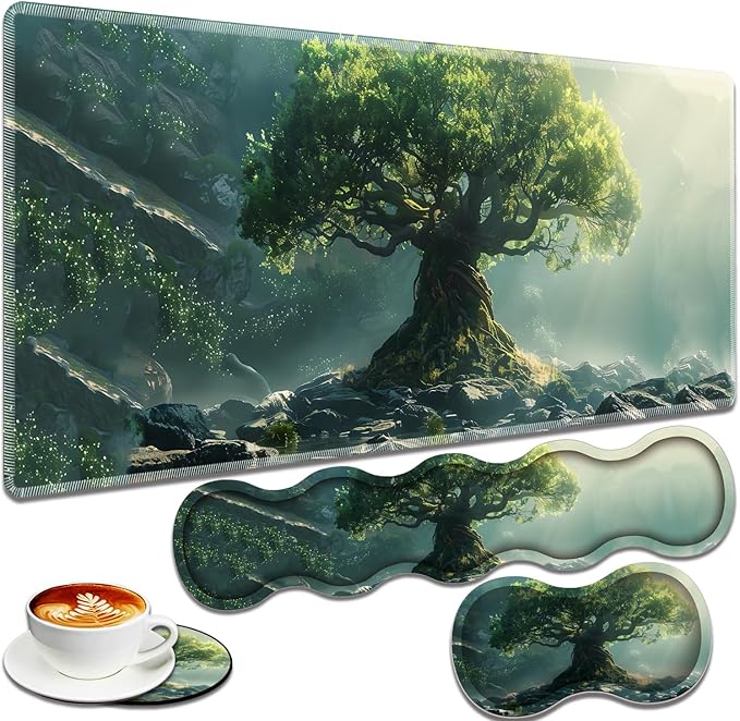 Large Gaming Mouse Pad + Keyboard Wrist Rest + Wrist Support + Coaster Set Memory Foam Ergonomic for Easy Typing XXL Extended Gaming Mouse Pad Table Pad - Tree of Life