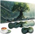 Large Gaming Mouse Pad + Keyboard Wrist Rest + Wrist Support + Coaster Set Memory Foam Ergonomic for Easy Typing XXL Extended Gaming Mouse Pad Table Pad - Tree of Life