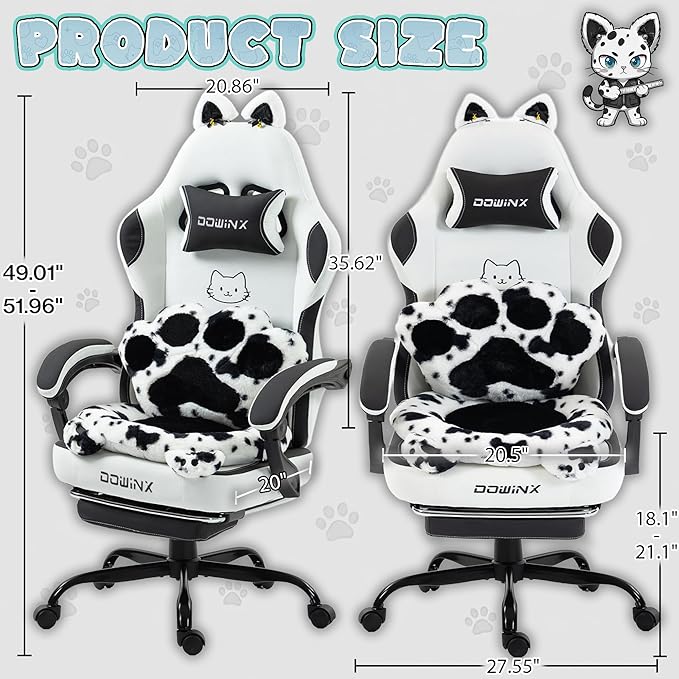 Dowinx Gaming Chair with Cat Ears and Paw Lumbar Pillow Ergonomic Reclining Chair Memory Foam and Spring Cushion Footrest 300lbs Capacity Cute and Comfortable Design for Women &amp Girls