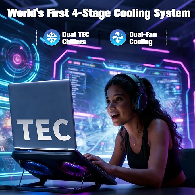 Dual-Core TEC Laptop Cooling Pad with Dual Stepless-Quiet Fans 5-Height Adjustable Laptop Cooling Stand 10-Level RGB for 13-17 Inch Laptops Includes 15W Charger Smoky Black