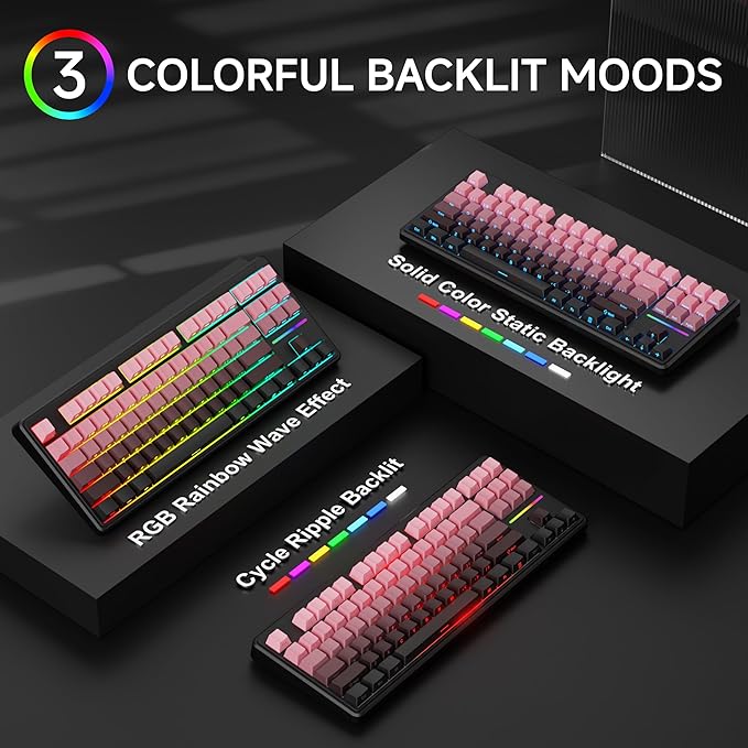 V80 Wired TKL RGB Gaming Keyboard 80% Compact Layout with PBT Keycaps Whisper Quiet Membrane Switch 26-Key Anti-Ghosting Ergonomic Computer Keyboard for Laptop PC Gamer - BlackBerry Pink