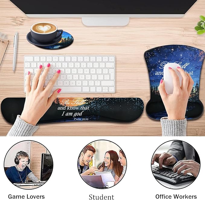 Keyboard Wrist Support + Wrist Mousepad + Coaster Combination Non-Slip PU Base with Gel Memory Mousepad Suitable for Gaming Office Pain Relief Mousepad Set - Starry Sky Bible